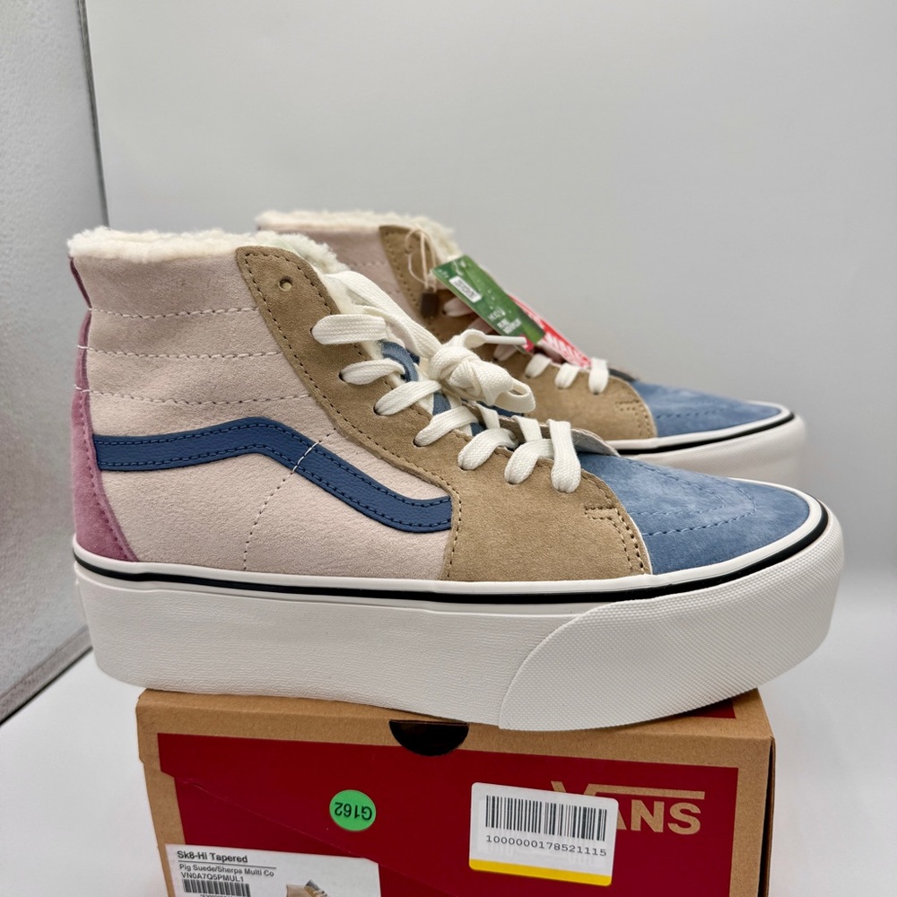 NWT Vans Sk8 Hi Pig Suede Multi Sherpa platform sneakers pink blue tan unisex - Picture 8 of 15